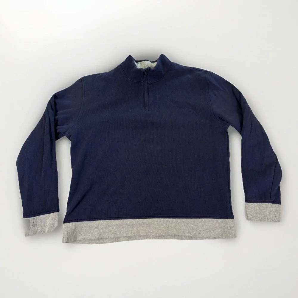 Lands End Quarter Zip‎ Pullover Mens Large Navy Blue Gray Reversible Mock Neck